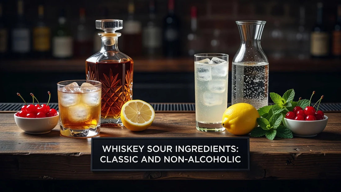 Professional header image for educational tutorial: Whiskey Sour Ingredients: Classic and Non-Alcoholic