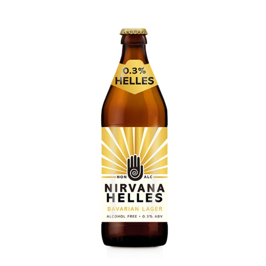 Nirvana Helles beer bottle with a yellow label on a white background